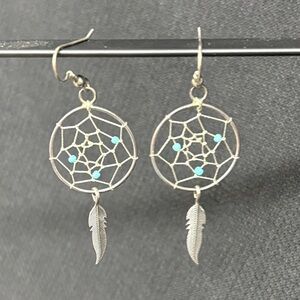 Silver Dreamcatcher Earrings with Turquoise Accents